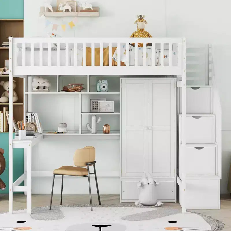 Lit mezzanine en bois pleine grandeur avec étagère, tiroirs, bureau et armoire – 159 kg