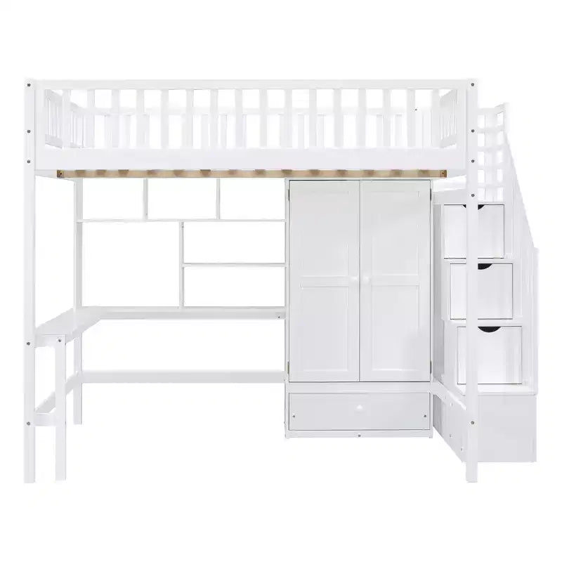 Lit mezzanine en bois pleine grandeur avec étagère, tiroirs, bureau et armoire – 159 kg