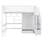 Lit mezzanine en bois pleine grandeur avec étagère, tiroirs, bureau et armoire – 159 kg