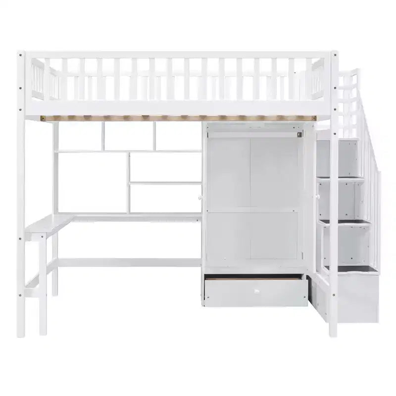 Lit mezzanine en bois pleine grandeur avec étagère, tiroirs, bureau et armoire – 159 kg