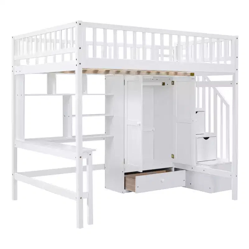Lit mezzanine en bois pleine grandeur avec étagère, tiroirs, bureau et armoire – 159 kg
