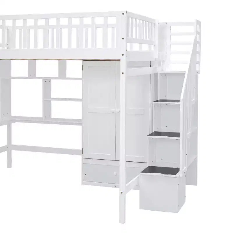 Lit mezzanine en bois pleine grandeur avec étagère, tiroirs, bureau et armoire – 159 kg