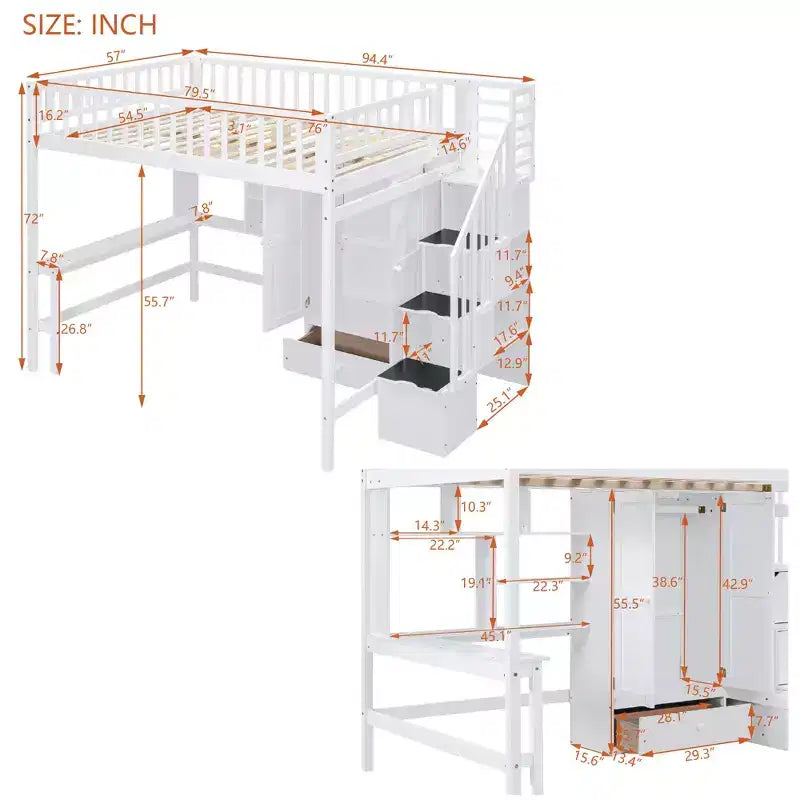 Lit mezzanine en bois pleine grandeur avec étagère, tiroirs, bureau et armoire – 159 kg