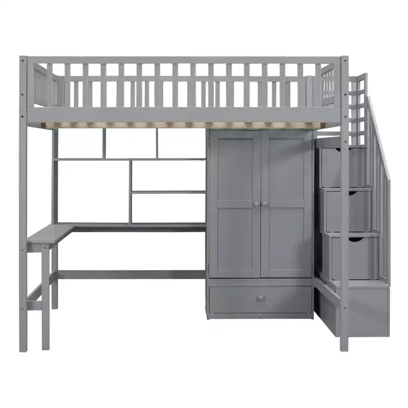 Lit mezzanine en bois pleine grandeur avec étagère, tiroirs, bureau et armoire – 159 kg