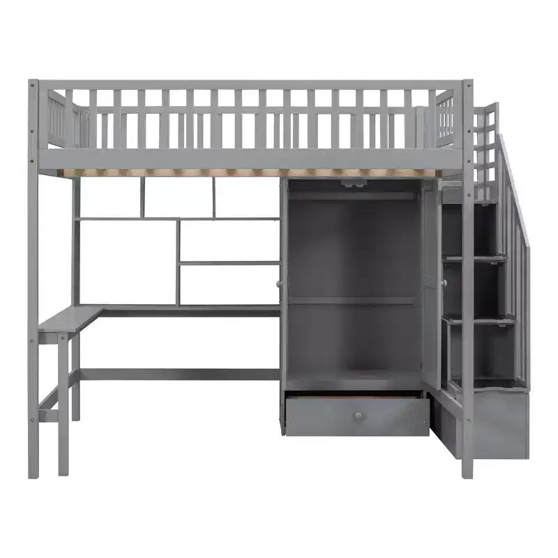 Lit mezzanine en bois pleine grandeur avec étagère, tiroirs, bureau et armoire – 159 kg