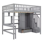 Lit mezzanine en bois pleine grandeur avec étagère, tiroirs, bureau et armoire – 159 kg