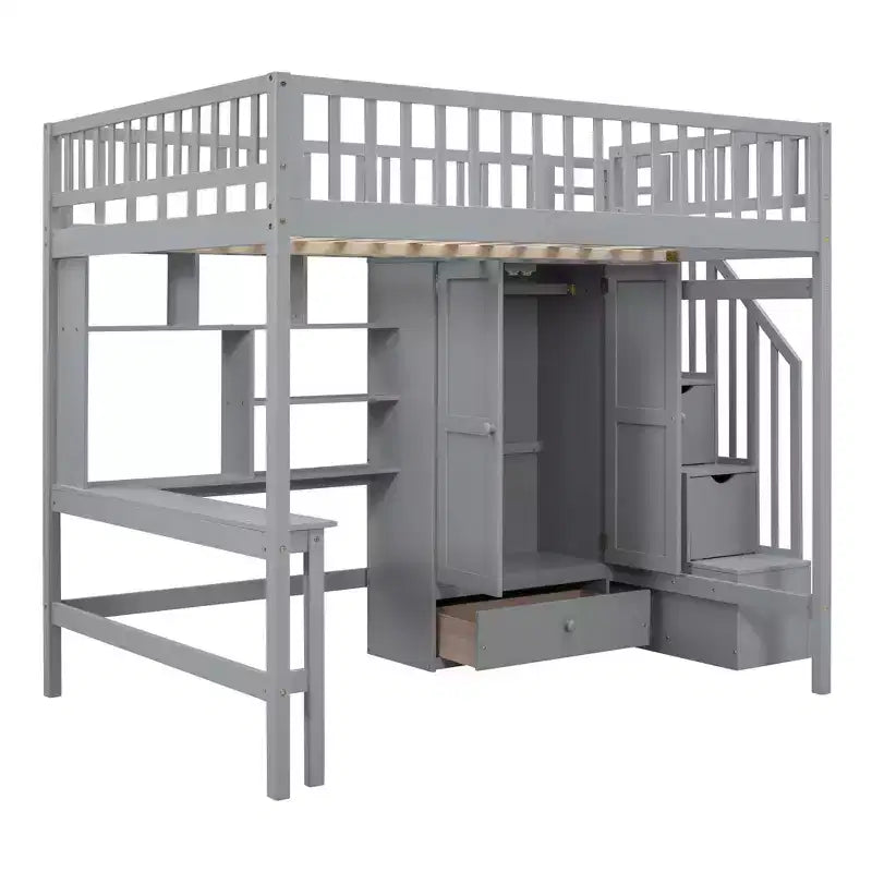Lit mezzanine en bois pleine grandeur avec étagère, tiroirs, bureau et armoire – 159 kg
