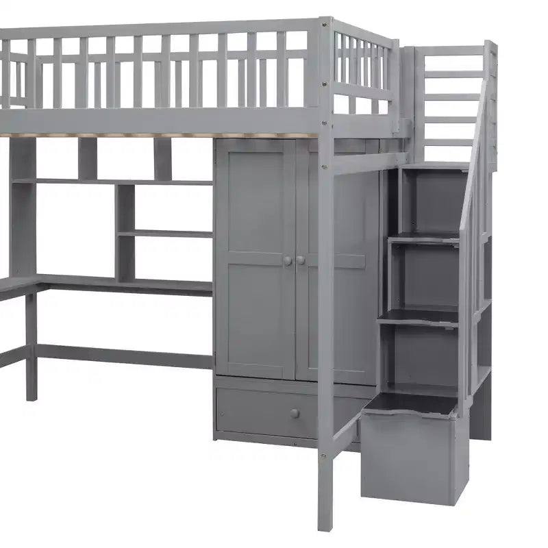 Lit mezzanine en bois pleine grandeur avec étagère, tiroirs, bureau et armoire – 159 kg