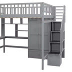 Lit mezzanine en bois pleine grandeur avec étagère, tiroirs, bureau et armoire – 159 kg