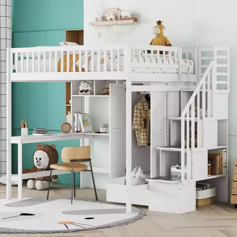 Lit mezzanine en bois pleine grandeur avec étagère, tiroirs, bureau et armoire – 159 kg