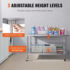 Table de travail en acier inoxydable 30x60 pouces – 4 roulettes, 3 hauteurs réglables, NSF