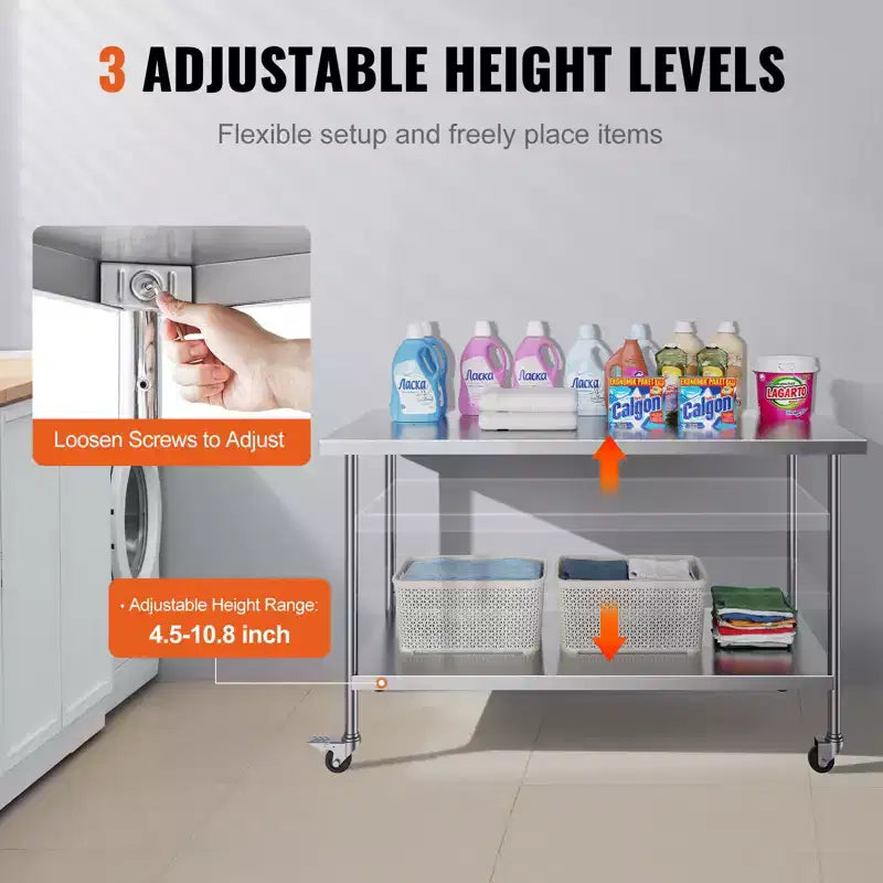 Table de travail en acier inoxydable 30x60 pouces – 4 roulettes, 3 hauteurs réglables, NSF