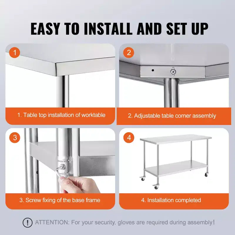 Table de travail en acier inoxydable 30x60 pouces – 4 roulettes, 3 hauteurs réglables, NSF