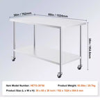 Table de travail en acier inoxydable 30x60 pouces – 4 roulettes, 3 hauteurs réglables, NSF