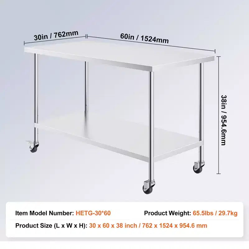 Table de travail en acier inoxydable 30x60 pouces – 4 roulettes, 3 hauteurs réglables, NSF