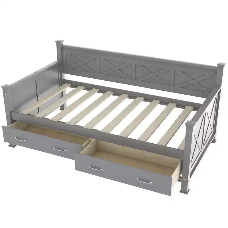 Lit de repos double rustique moderne en bois avec 2 tiroirs de rangement – Capacité de 100 kg