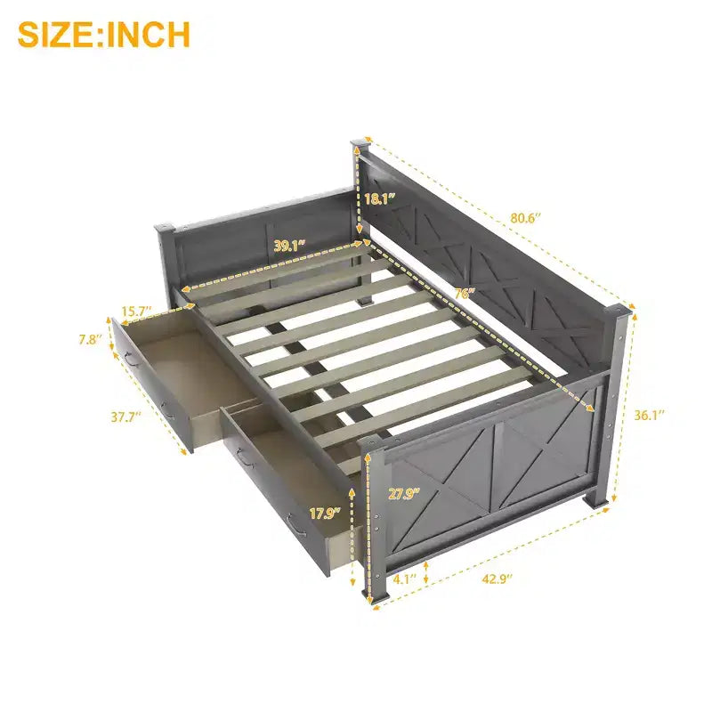 Lit de repos double rustique moderne en bois avec 2 tiroirs de rangement – Capacité de 100 kg