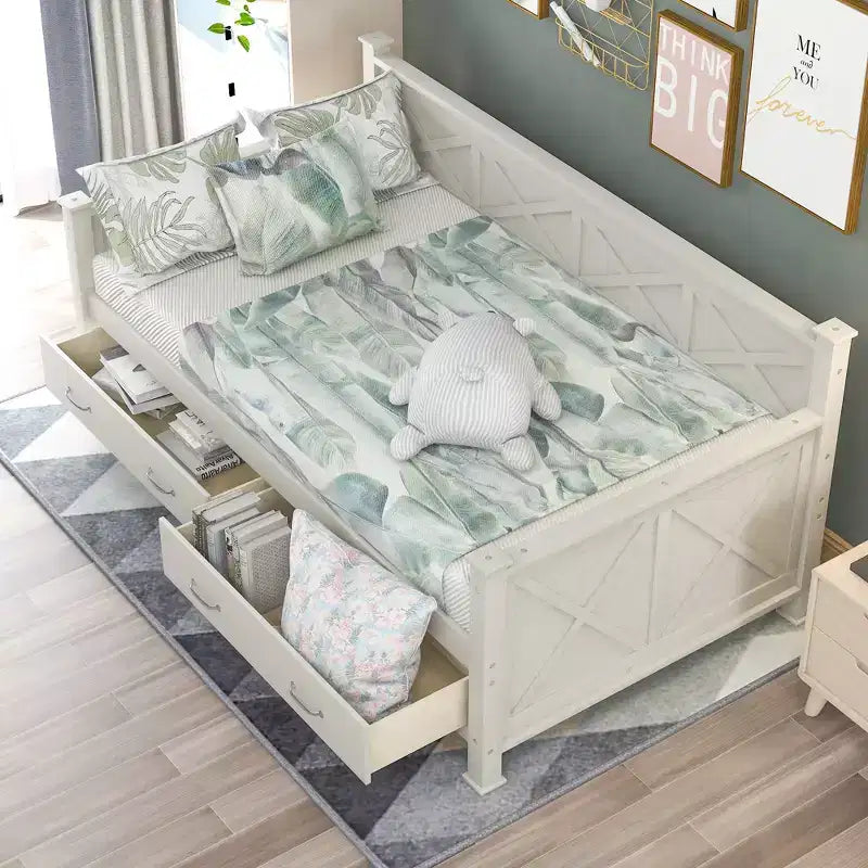 Lit de repos double rustique moderne en bois avec 2 tiroirs de rangement – Capacité de 100 kg