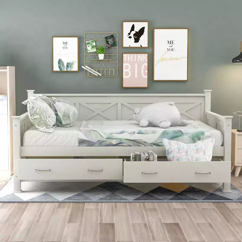 Lit de repos double rustique moderne en bois avec 2 tiroirs de rangement – Capacité de 100 kg