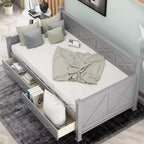 Lit de repos double rustique moderne en bois avec 2 tiroirs de rangement – Capacité de 100 kg