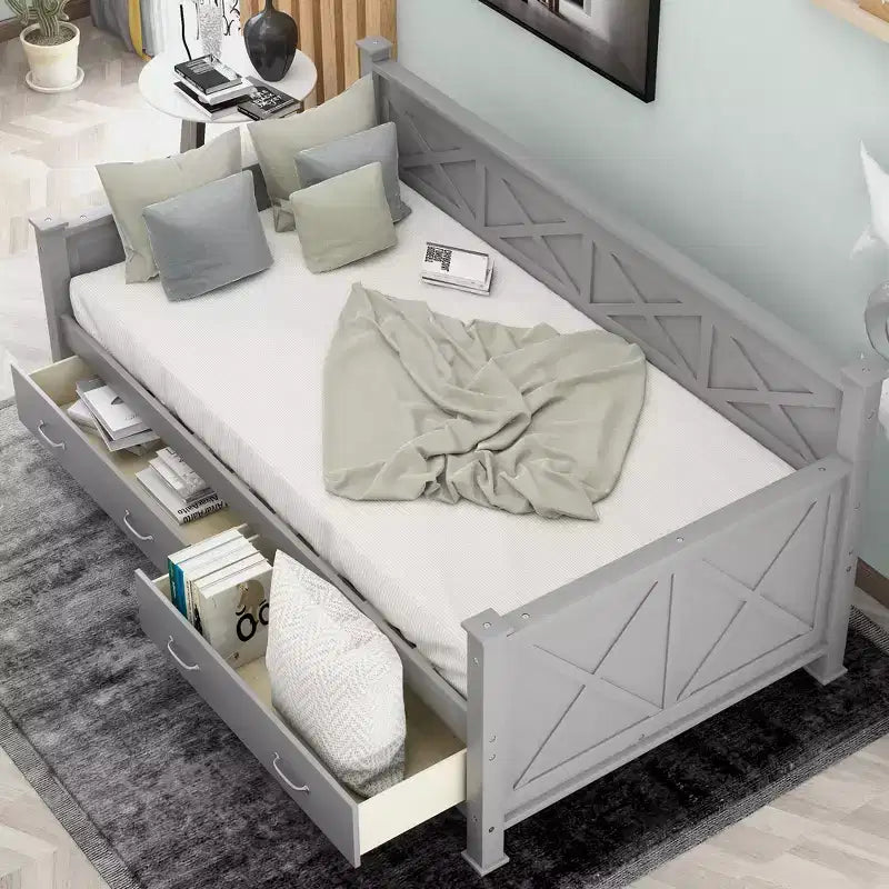 Lit de repos double rustique moderne en bois avec 2 tiroirs de rangement – Capacité de 100 kg