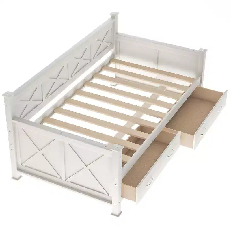Lit de repos double rustique moderne en bois avec 2 tiroirs de rangement – Capacité de 100 kg