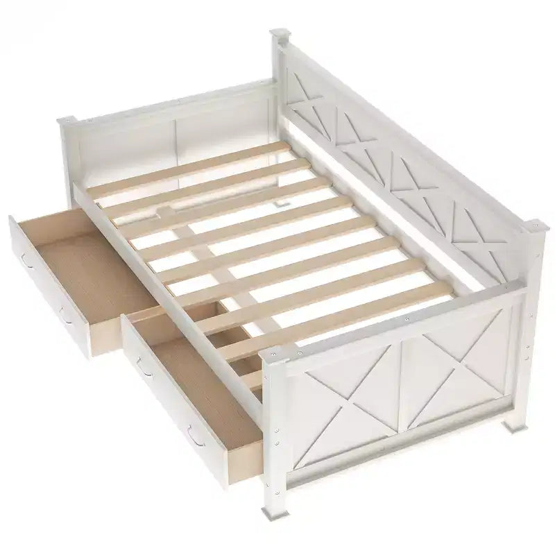 Lit de repos double rustique moderne en bois avec 2 tiroirs de rangement – Capacité de 100 kg