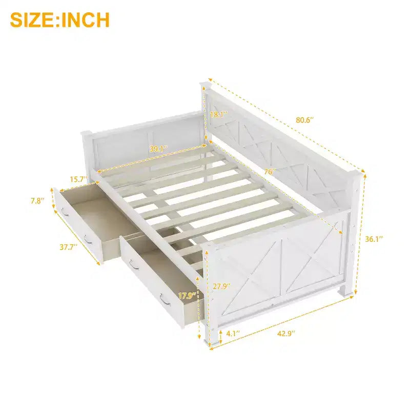 Lit de repos double rustique moderne en bois avec 2 tiroirs de rangement – Capacité de 100 kg