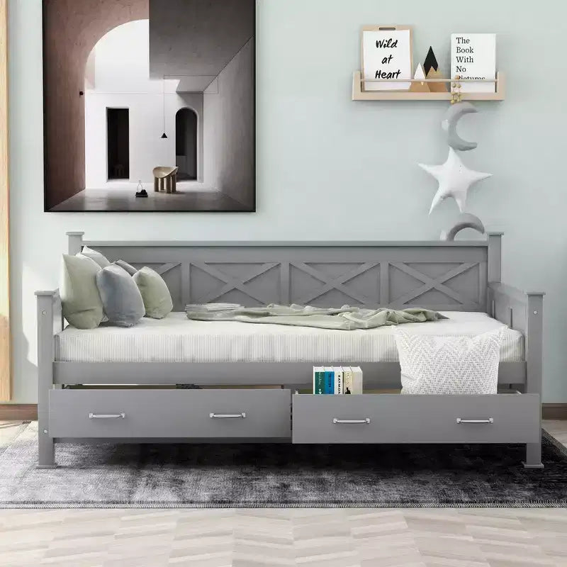 Lit de repos double rustique moderne en bois avec 2 tiroirs de rangement – Capacité de 100 kg