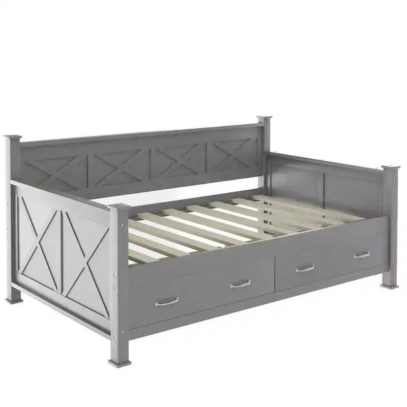 Lit de repos double rustique moderne en bois avec 2 tiroirs de rangement – Capacité de 100 kg