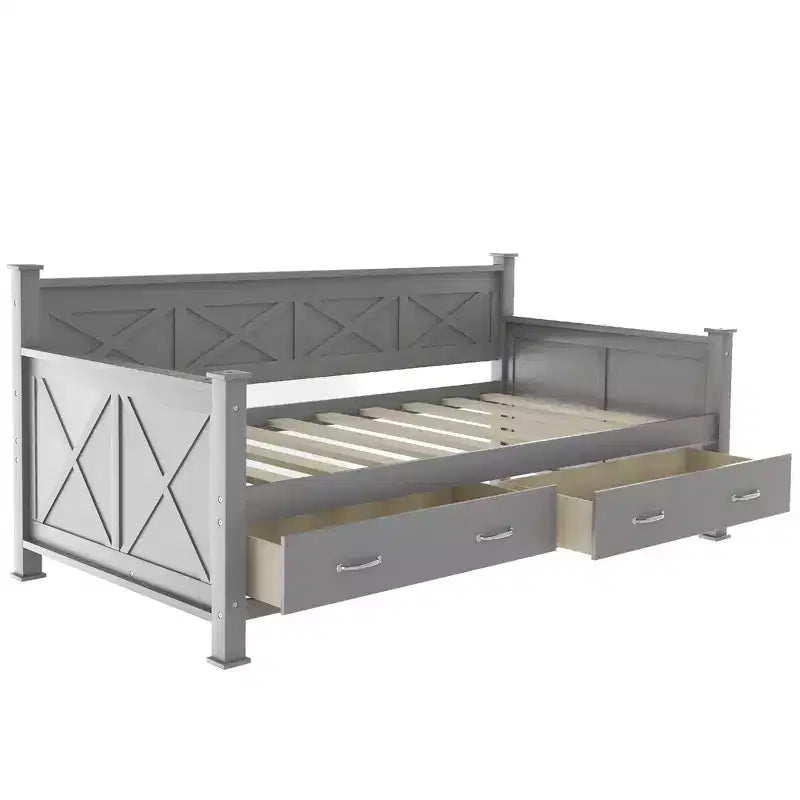 Lit de repos double rustique moderne en bois avec 2 tiroirs de rangement – Capacité de 100 kg