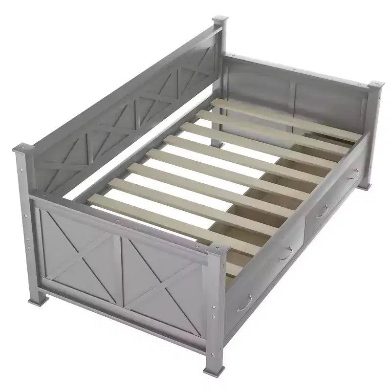 Lit de repos double rustique moderne en bois avec 2 tiroirs de rangement – Capacité de 100 kg