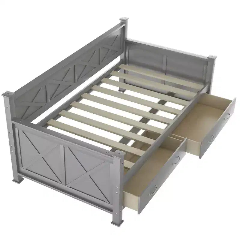 Lit de repos double rustique moderne en bois avec 2 tiroirs de rangement – Capacité de 100 kg