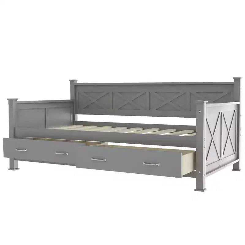 Lit de repos double rustique moderne en bois avec 2 tiroirs de rangement – Capacité de 100 kg