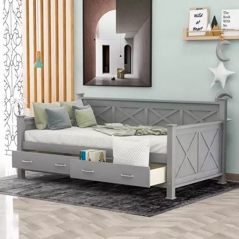 Lit de repos double rustique moderne en bois avec 2 tiroirs de rangement – Capacité de 100 kg