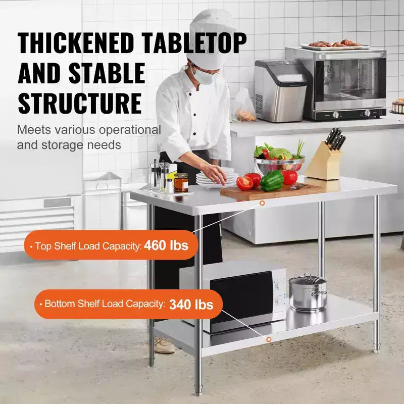 Table de préparation en acier inoxydable 24x48 pouces – Capacité 800 lb, 3 hauteurs réglables