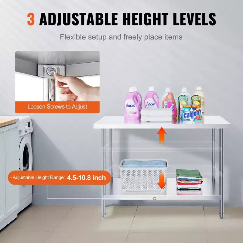 Table de préparation en acier inoxydable 24x48 pouces – Capacité 800 lb, 3 hauteurs réglables