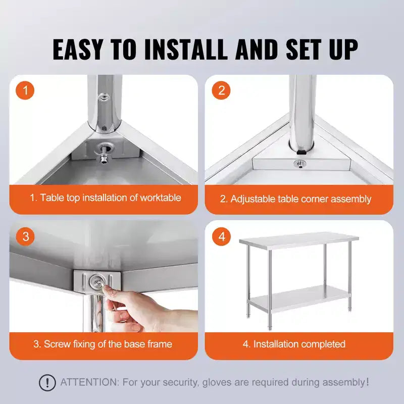 Table de préparation en acier inoxydable 24x48 pouces – Capacité 800 lb, 3 hauteurs réglables