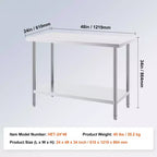 Table de préparation en acier inoxydable 24x48 pouces – Capacité 800 lb, 3 hauteurs réglables