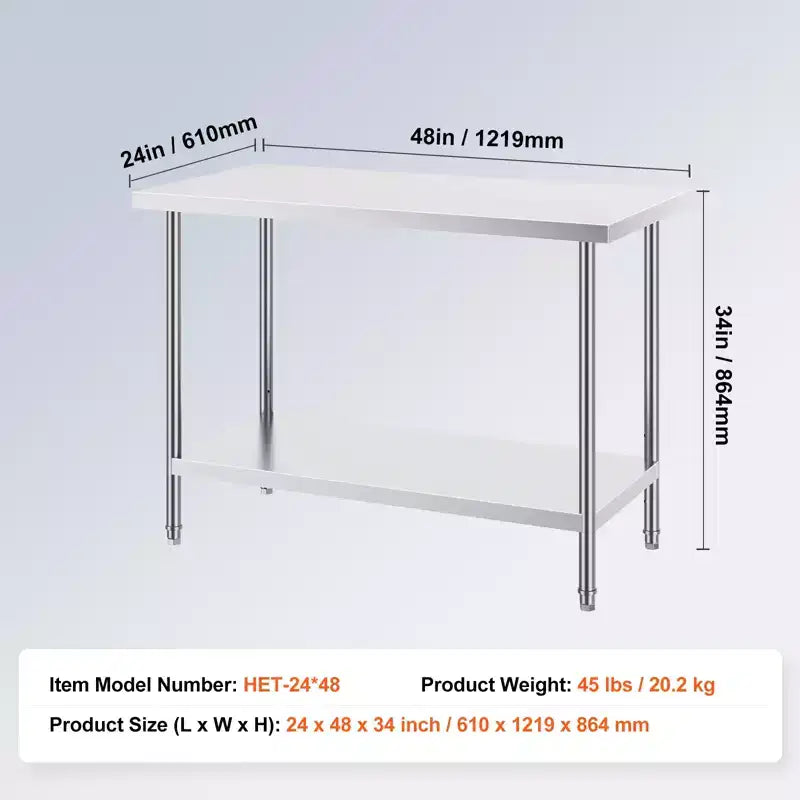 Table de préparation en acier inoxydable 24x48 pouces – Capacité 800 lb, 3 hauteurs réglables