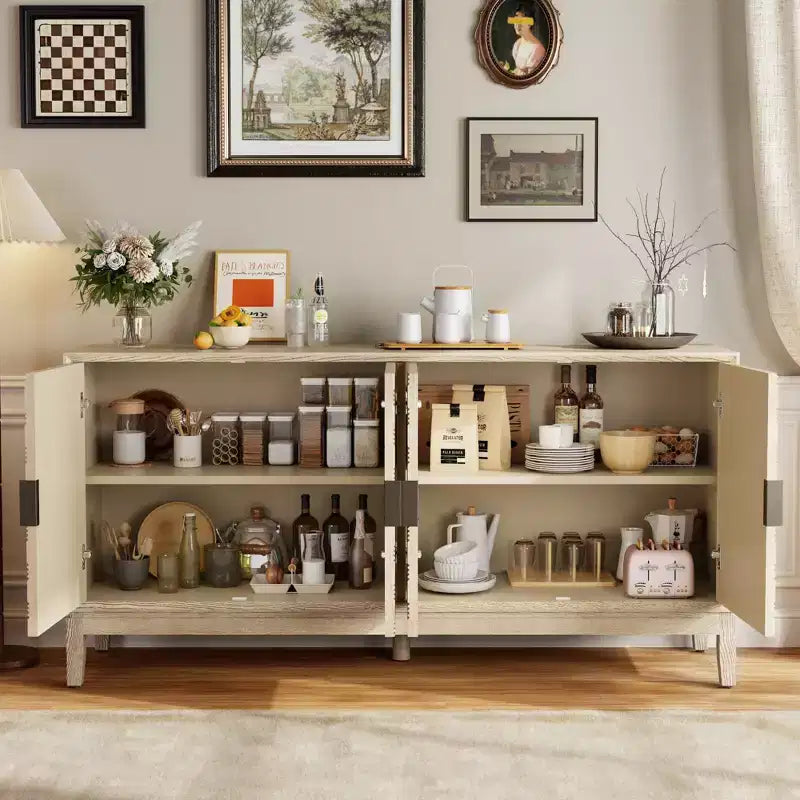 Buffet de 63 po avec rangement, Meuble de rangement vieilli avec 4 portes sculptées et étagère réglable, Jaune
