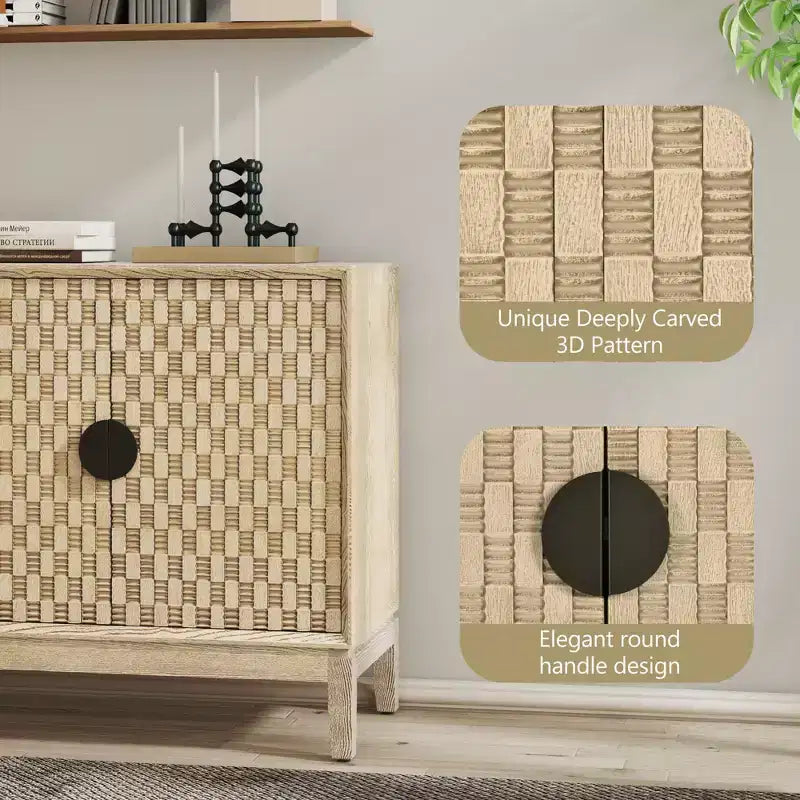 Buffet de 63 po avec rangement, Meuble de rangement vieilli avec 4 portes sculptées et étagère réglable, Jaune