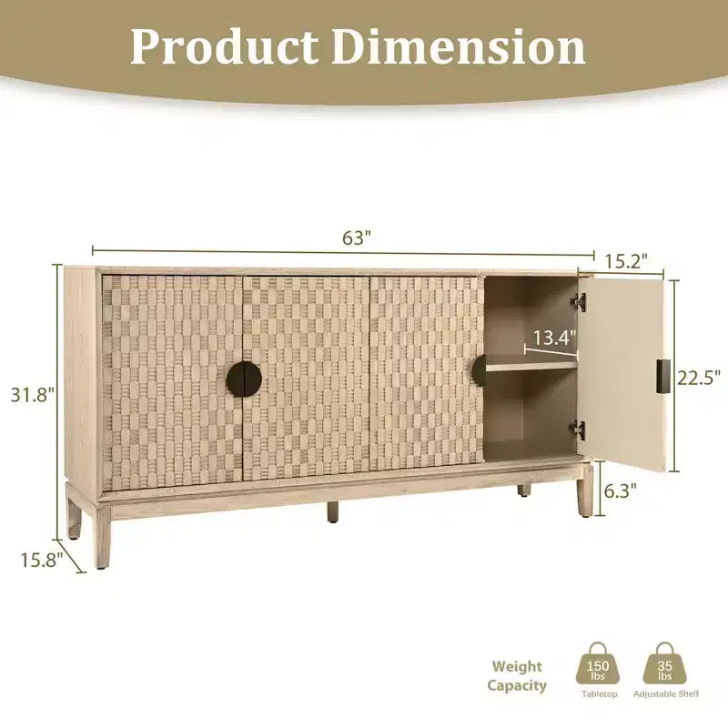 Buffet de 63 po avec rangement, Meuble de rangement vieilli avec 4 portes sculptées et étagère réglable, Jaune