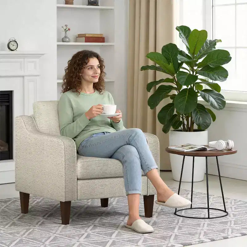 Fauteuil d'appoint rembourré en tissu de lin beige avec accoudoirs incurvés – Canapé une place