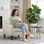 Fauteuil d'appoint rembourré en tissu de lin beige avec accoudoirs incurvés – Canapé une place