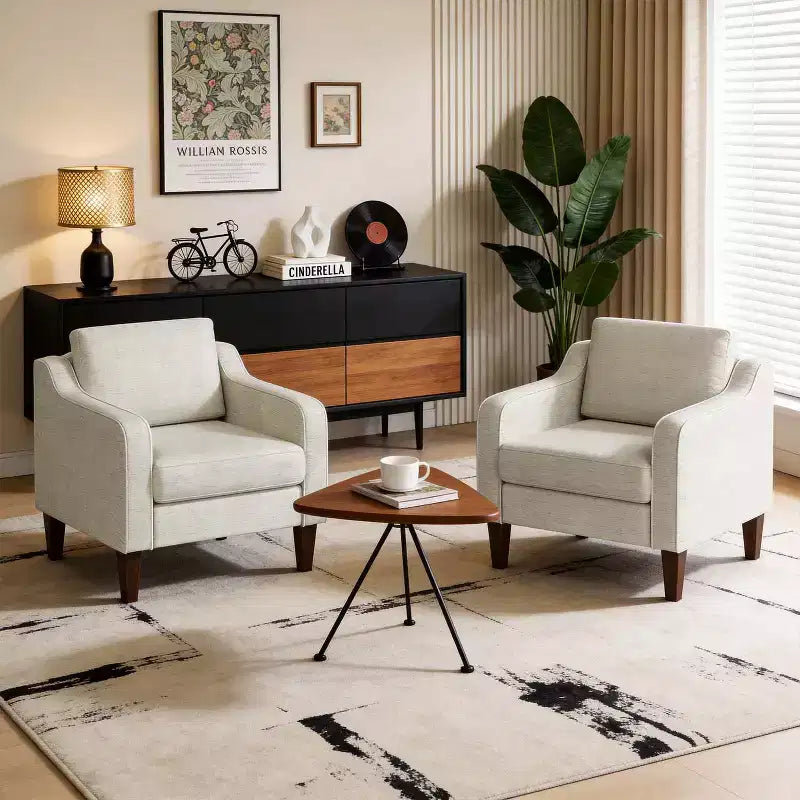 Fauteuil d'appoint rembourré en tissu de lin beige avec accoudoirs incurvés – Canapé une place