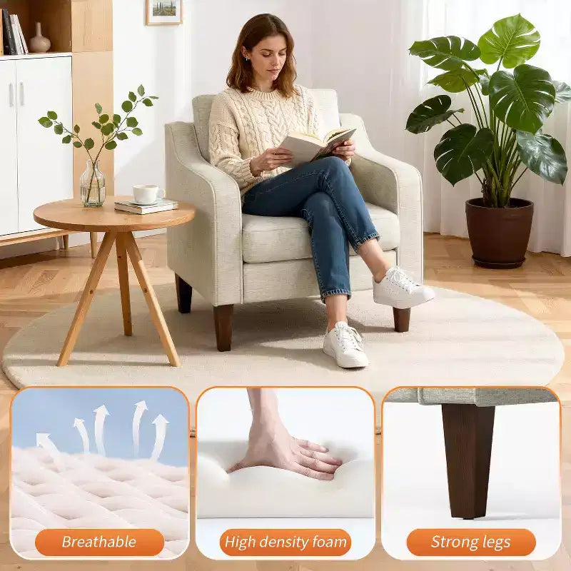 Fauteuil d'appoint rembourré en tissu de lin beige avec accoudoirs incurvés – Canapé une place