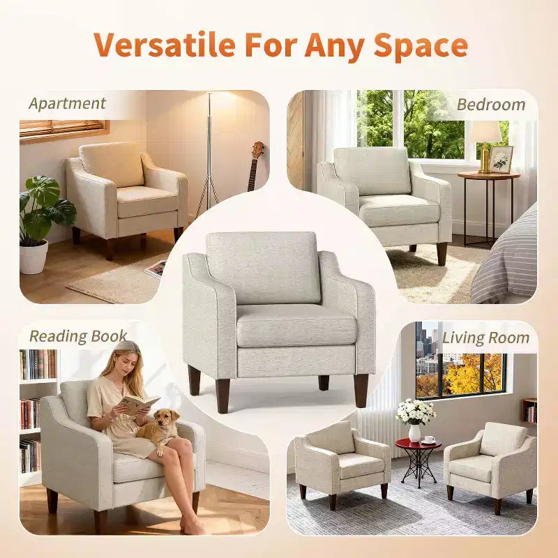 Fauteuil d'appoint rembourré en tissu de lin beige avec accoudoirs incurvés – Canapé une place