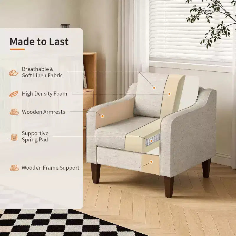 Fauteuil d'appoint rembourré en tissu de lin beige avec accoudoirs incurvés – Canapé une place