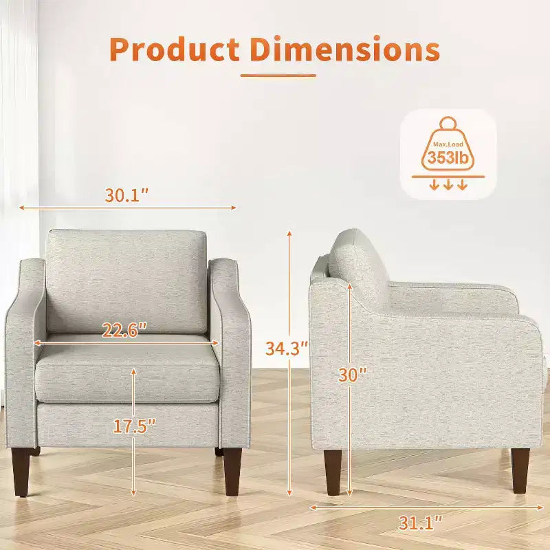 Fauteuil d'appoint rembourré en tissu de lin beige avec accoudoirs incurvés – Canapé une place